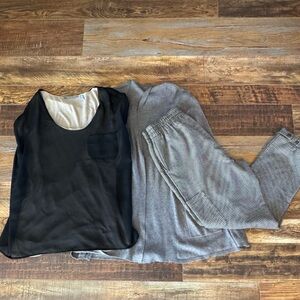 Bundle: Black Sheer Blouse, Beige Cardigan, and Brown/Beige Plaid Jogger Pants